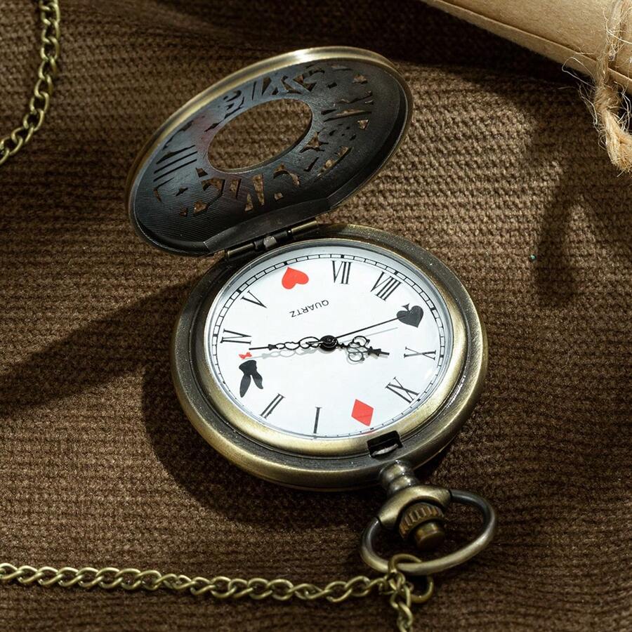 New Hollow Flower Rabbit Playing Card Pendant Pocket Watch Chain With Upgrades, Retro Style, Material, Great Gift For Friends