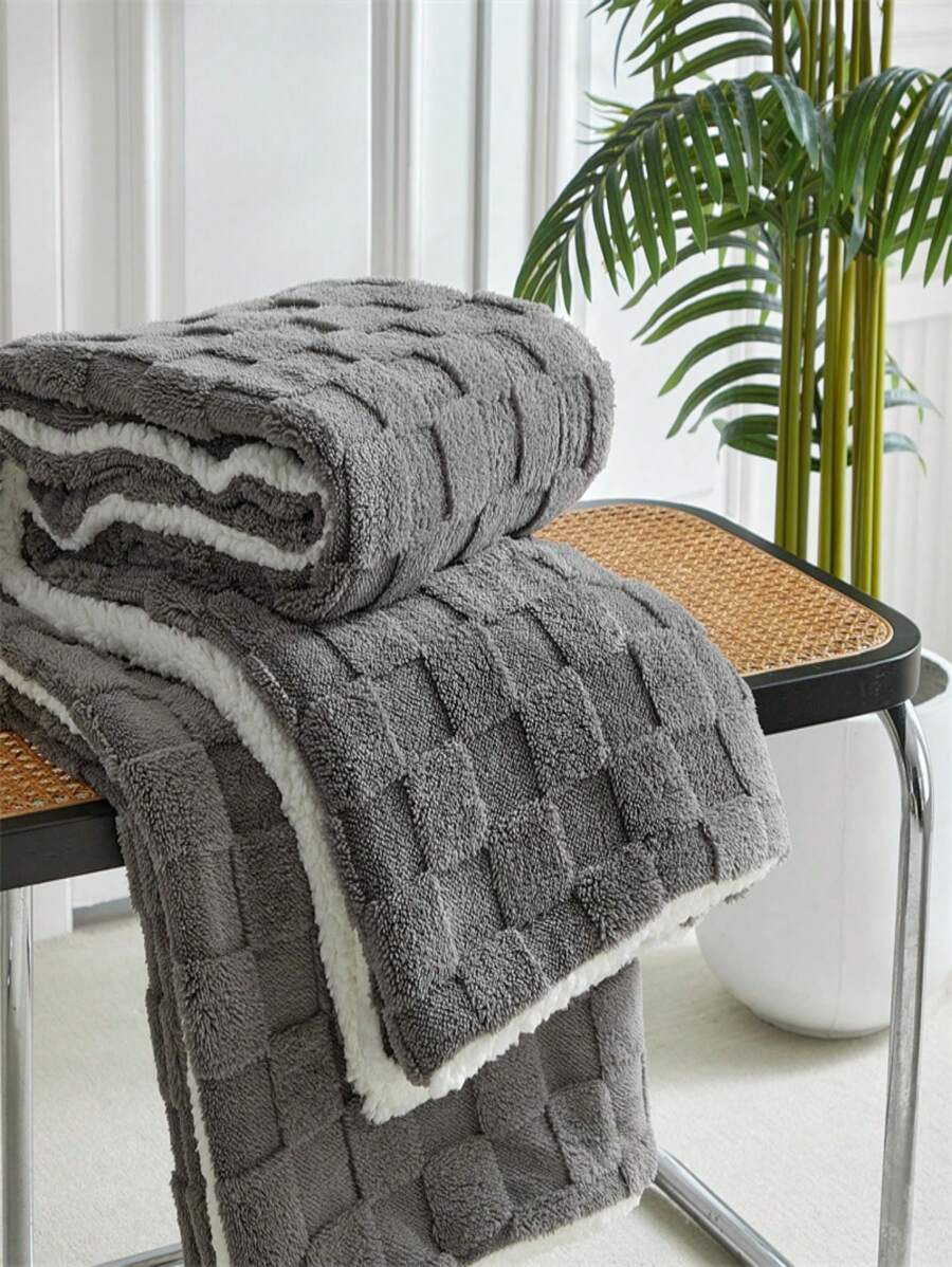 1 件塔夫绸羔羊加绒厚毯，格子提花双层毯加绒厚毯适用于床和沙发装饰，柔软温暖蓬松加绒厚毯可单人或双人使用