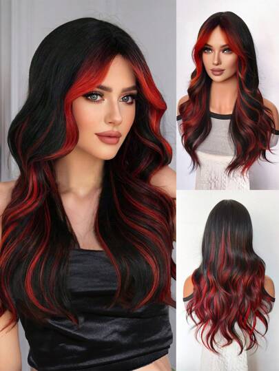 Long Wavy Wig With Bangs, Black & Red Ombre, Synthetic Material, Heat Resistant, Natural Appearance, Suitable For Women's Daily And Party Wear
