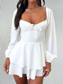 1 Peça Vestido com Mangas de Lanterna Decotado nas Costas e Amarração, Macacão Plissado Elegante Adequado para Bar, Festa, Casa
