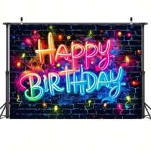 1 pieza Luz de neón que dice "Feliz Cumpleaños" que se ilumina como fondo para fiesta oscura, pared de ladrillos con grafiti, salpicaduras, fondo fotográfico colorido de estilo hip hop y decoración para sesión de fotos, Navidad - Multicolor - Ver 6