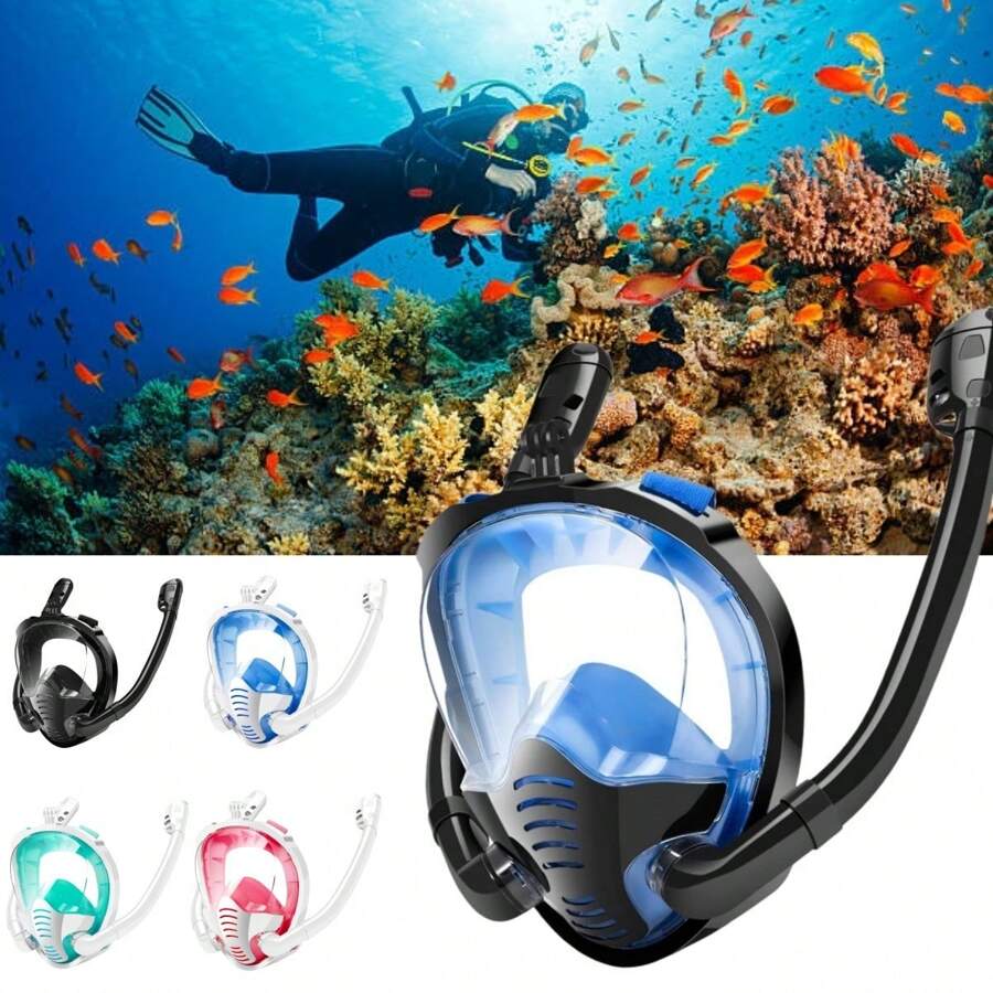 Máscara de snorkel de cara completa con tubo doble para natación y buceo, set de snorkel, antiempañante y antifugas, visión panorámica de 180°, accesorios de playa, flotador de piscina - Multicolor - Ver 1