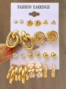 10-22 件时尚优雅复古仿珍珠花朵蝴蝶结心形几何圆形不对称夸张金属耳环套装，适合节日聚会约会日常佩戴礼物 - 金黃色 - 查看 4