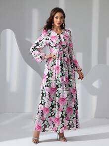 Women Flower Print V-Neck Ultra Long Dinner Dress, Party Dress, Wedding Guest Dress, Formal Dress, Evening Dress - Pink - View 6