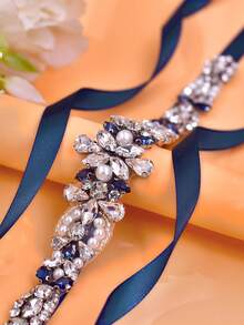 1pc Navy Blue Crystal & Faux Pearl Decorated Waist Belt, Handmade For European & American Wedding Dress - Navy Blue Ribbon - View 4