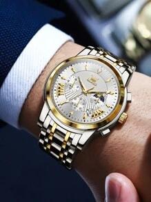 OLEVS Watches For Mens Stainless Steel Analog Quartz Wrist Watches Date Waterproof Luminous Business Casual Male Watches - 金白 - 查看 5