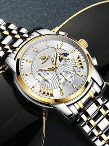 OLEVS Watches For Mens Stainless Steel Analog Quartz Wrist Watches Date Waterproof Luminous Business Casual Male Watches - 金白 - 查看 2