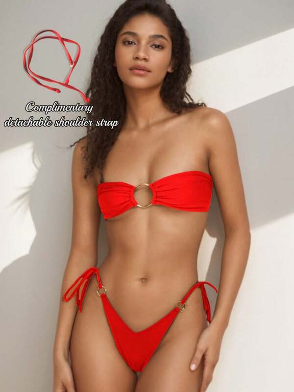 2 pezzi Set bikini estivo da donna, con top a fascia e slip con laccetti laterali, in nylon con ferretto