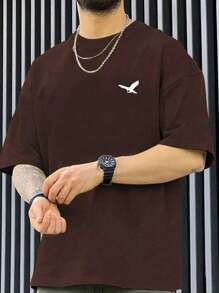 大码男士老鹰印花圆领短袖休闲 T 恤，夏季 - 咖啡棕 - 查看 2