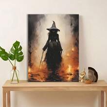 1 Pc Wooden Framed Halloween Wall Art Canvas Posters Set, Vertical Art Deco Witch & Pumpkin Party Decor, Oblong Shape Spooky Ghost Bat Night Sc, Birthday Party Decor, Home Living Room Office Wall Decor, Perfect Gift