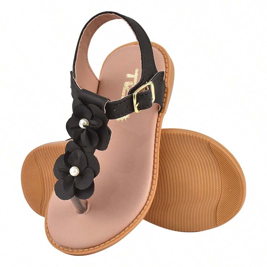 Children's Girl's Flat Sandal With Comfortable Flower - Negro - Ver 1