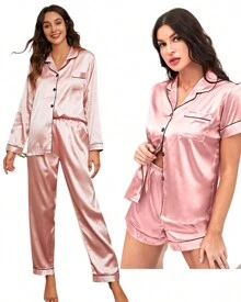 Kit 2 American Women's Pajamas Silk Satin With Elastane Pocket And Buttons - 藕粉色 - 查看 1