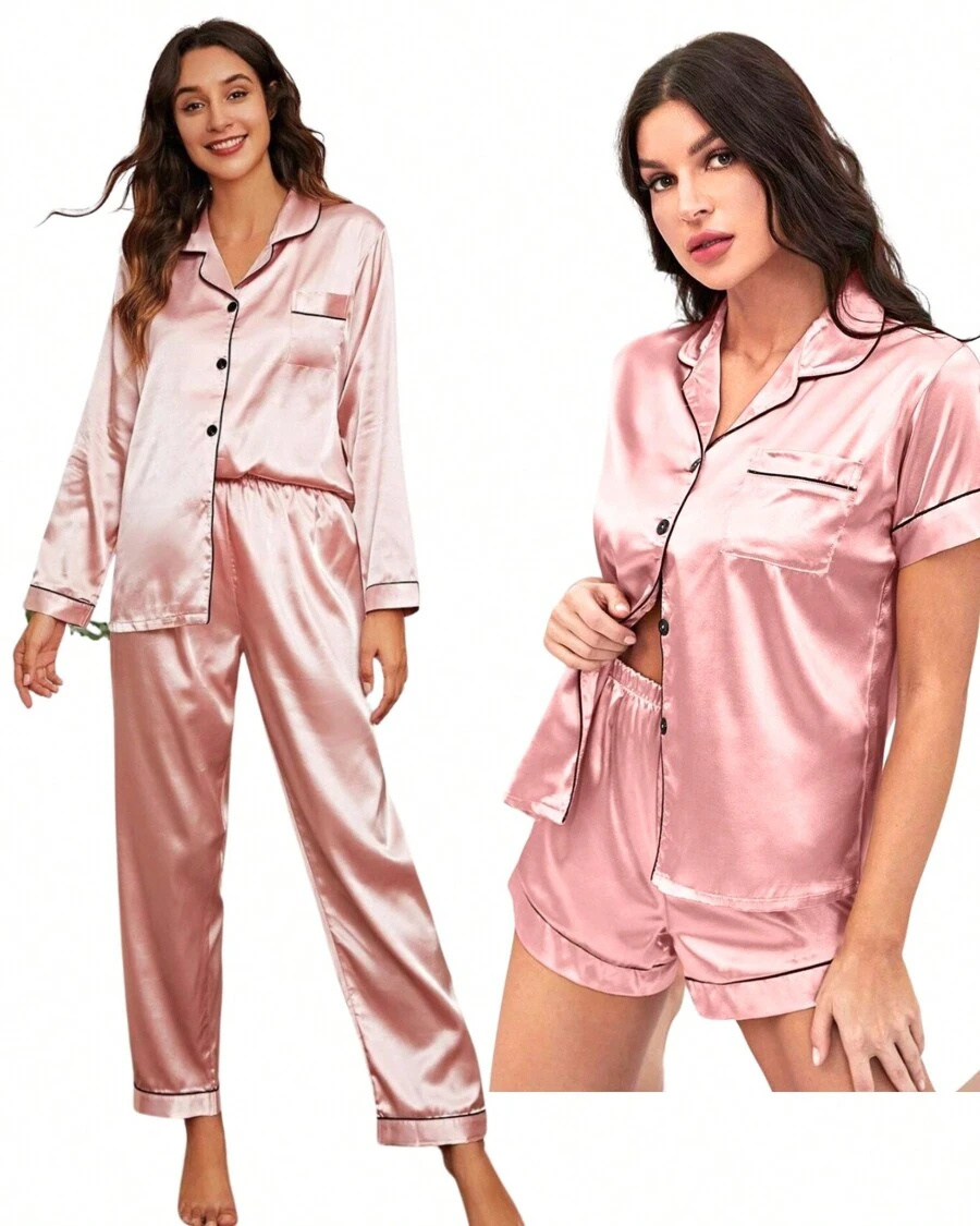 Kit 2 American Women's Pajamas Silk Satin With Elastane Pocket And Buttons - 藕粉色 - 查看 1