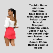 Women's Set Skirt Shorts + Cropped Linen  Puff Sleeve Social Tailoring Linen Front And Back Skirt Shorts Underneath High Waist Short Skirt - Màu Hồng  San hô - Xem 5