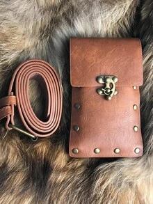 4 件中世纪文艺复兴服装复古零钱包带腰带、裙扣配件、骑士印花腰包适合万圣节派对 - 棕色 - 查看 6