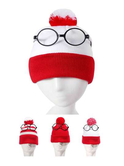 1pc Minimalist Color Block Knit Beanie Hat, Unisex Casual Versatile Warm Winter Hat, Comes With Xmas Decorative Glasses