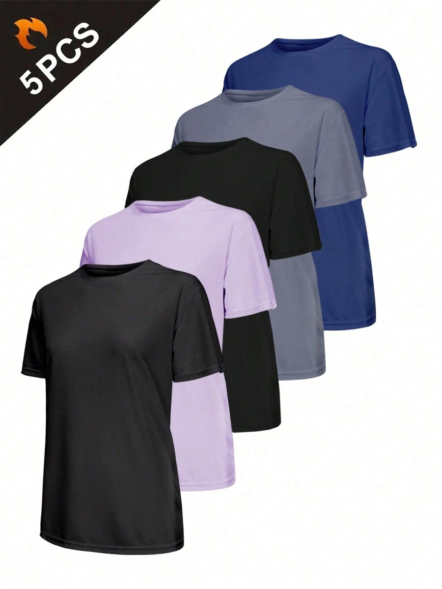 5pcs/Set Women Light-Weight Casual Sports T-Shirts, Crew Neck Short Sleeve Fitness Tops, Suitable For Running & Workout