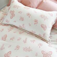 4 piezas Juego de funda de edredón de poliéster con diseño de dibujos animados lindos, diseño romántico de mariposa rosa, 1*Funda de edredón + 1*Sábana plana + 2*Fundas de almohada (sin relleno), suave y cómoda para dormitorio y habitación de huéspedes