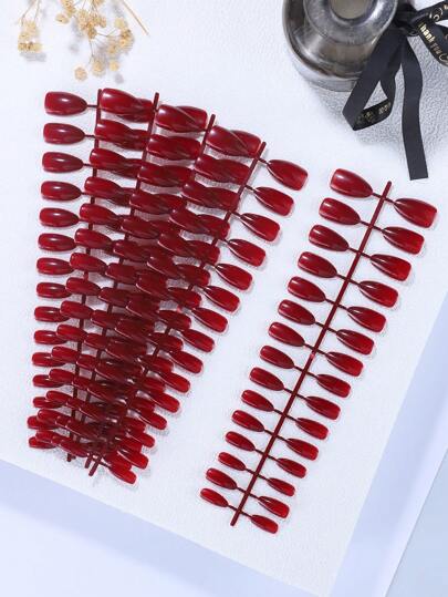 5 件/套纯色人造法式美甲，包括长杏仁形、短方形、长棺材形、短椭圆形、短杏仁形、优雅勃艮第色调、沙龙品质日式 DIY 全覆盖指甲贴纸按压指甲美甲用品指甲