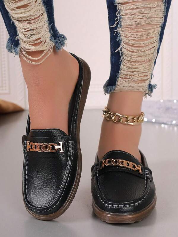 Zapatos tipo mula planos con decoración de hebilla de metal para mujeres, de moda y versátiles, calzado suave de suela casual y cómodo