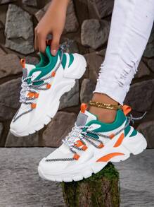 Zapatillas con malla transpirable para mujer, zapatillas de plataforma casuales y de moda, zapatos cómodos para correr y entrenar al aire libre - blanco verde - Ver 2