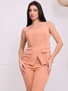 Two-Piece Alaiataria Set With Sleeveless Tube Top And Dress Pants - trái cam - Xem 5