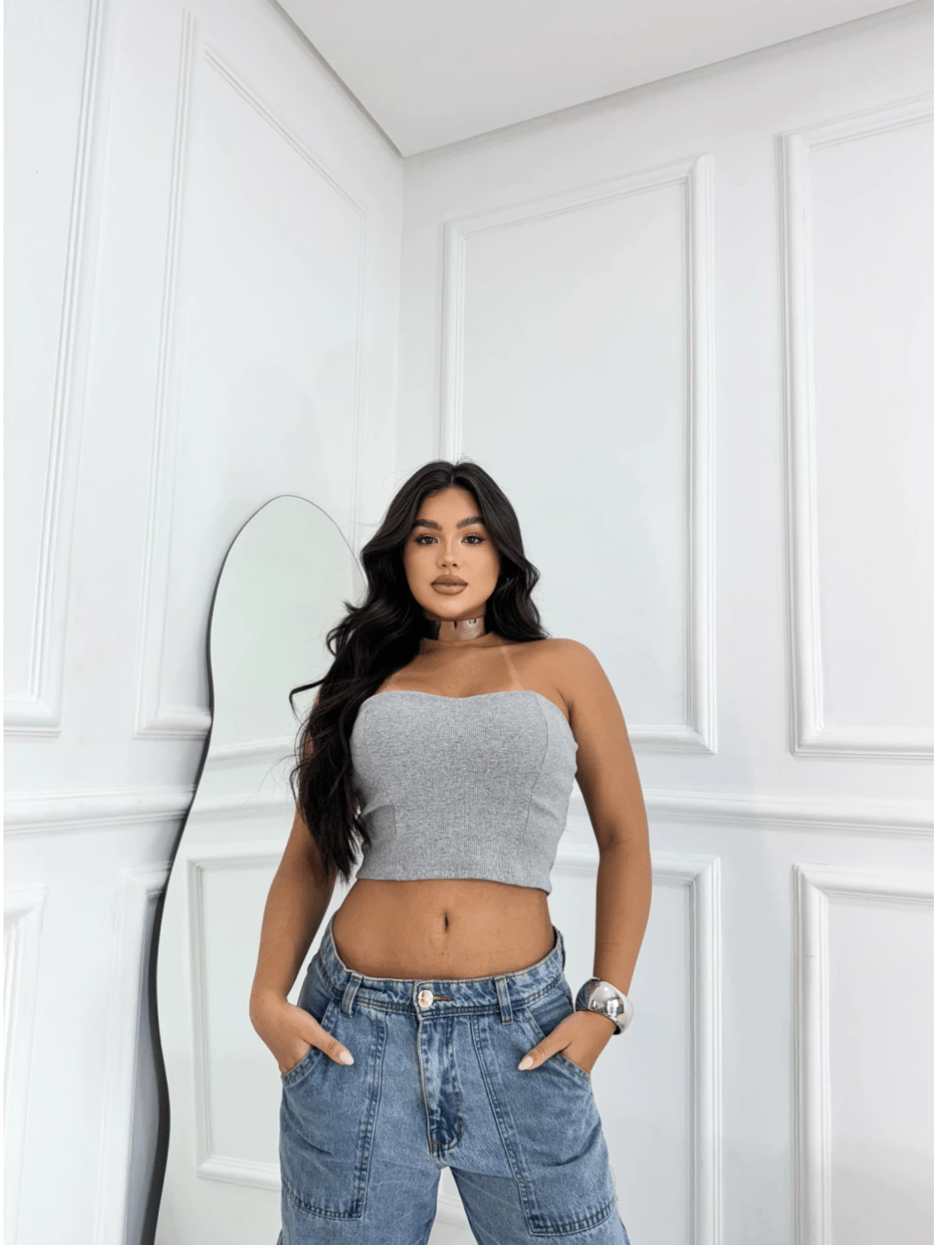 YSV Cropped Feminino Strapless Sweetheart Neckline - 灰色 - 查看 1