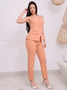 Two-Piece Alaiataria Set With Sleeveless Tube Top And Dress Pants - trái cam - Xem 4
