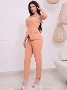 Two-Piece Alaiataria Set With Sleeveless Tube Top And Dress Pants - trái cam - Xem 3