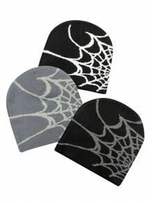 3pcs/Set Casual Spider Web Acrylic Colorblock Knit Beanies For Daily Wear Skull Skeleton