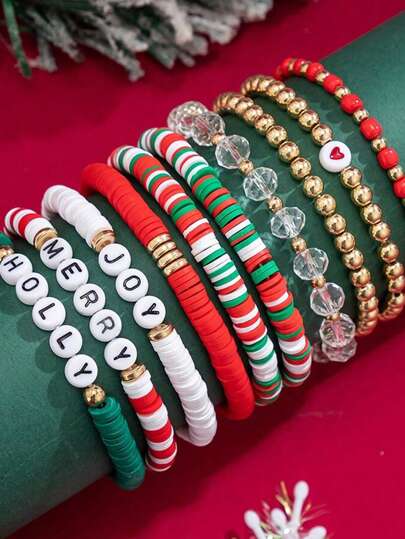 10 قطعة / مجموعة، سوار من الطين البوليميري متناقض اللون بشكل رسائل للفتيات، مجوهرات عيد الميلاد، هدية مثالية للعطلات