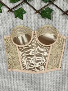 Satin Lace Cropped Top With Corselet Cup - 金色 - 查看 2