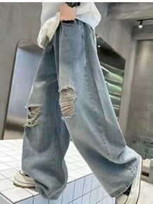 Gerade geschnittene zerrissene gewaschene Denim für Teenager-Jungen, locker sitzende Hosen mit weitem Bein