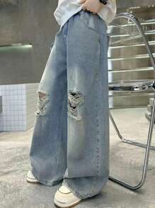 Gerade geschnittene zerrissene gewaschene Denim für Teenager-Jungen, locker sitzende Hosen mit weitem Bein