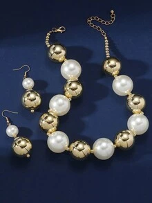 Bộ 3 chiếc/Bộ Vòng cổ hạt ngọc trai nhiều lớp phong cách Baroque phóng đại & Vòng cổ choker dành cho nữ - bộ dây chuyền ba mảnh - Xem 2