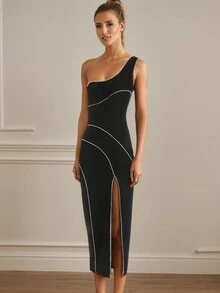 Women Beading Bandage Dress Sexy One Shoulder Sleeveless Bodycon Clothes Party Celebrity Dress, Elegant Cocktail Semi Formal Dress, For Birthday, Wedding Guest, Graduation, Dinner, Homecoming - Black - View 3