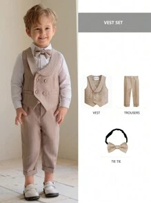 3 件套年轻男孩卡其色正装套装：条纹双排扣背心 + 裤子 + 领结，适合学校、舞台表演、婚礼花童、派对、初秋 - 卡其色 - 查看 3