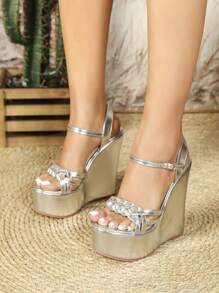 Women's Platform Woven High Wedge Sandals - Silver - View 1