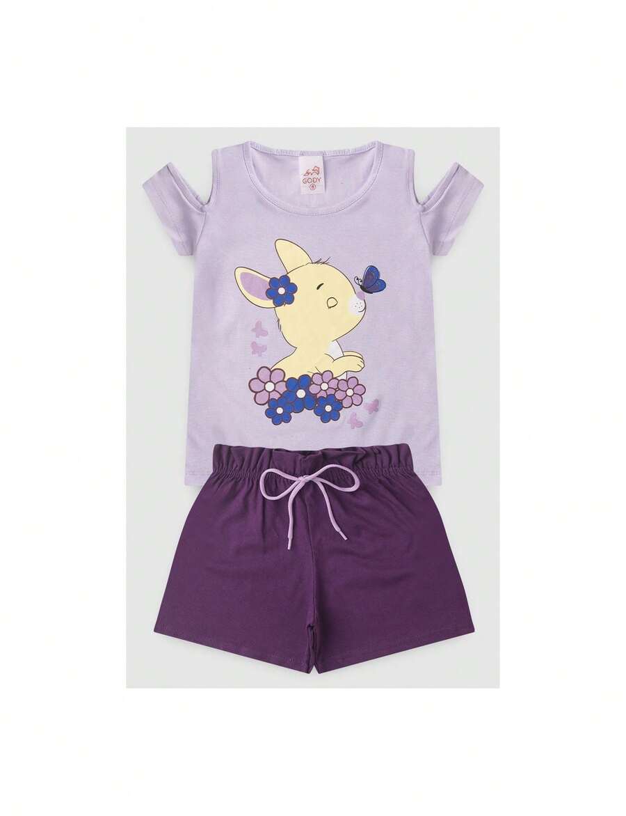 Children's Set Girl Rabbit And Butterfly Shorts Flower Babadinho - Màu Lilac Tím - Xem 1