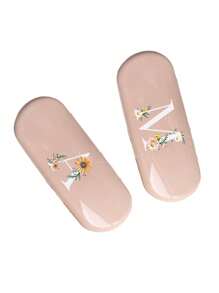 1pc Cream Solid Color Eyeglass Case, New Minimalist Design, Portable, Waterproof And Dustproof (Small, Plastic Material) Letter Eyeglass Hard Case - PU Leather A-Z Floral Print Eyeglass Case - Pink - View 5