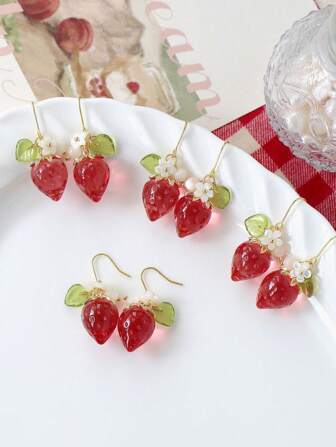 2 Pcs Original Cute Resin Red Strawberry Fruit Drop Earrings For Women Daily Wear Gift For Her