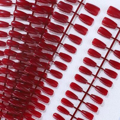 5 件/套纯色人造法式美甲，包括长杏仁形、短方形、长棺材形、短椭圆形、短杏仁形、优雅勃艮第色调、沙龙品质日式 DIY 全覆盖指甲贴纸按压指甲美甲用品指甲