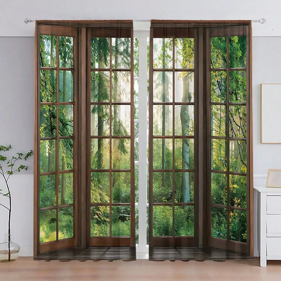1set/2pcs Vintage Woodland Tree Print Curtains, Rod Pocket Style, Digital Print, Polyester Fabric, Slightly Thin, Suitable For Living Room, Kitchen, Bedroom, Study, Hotel, Restaurant, Home Decor - Multicolor - View 1