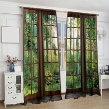 1set/2pcs Vintage Woodland Tree Print Curtains, Rod Pocket Style, Digital Print, Polyester Fabric, Slightly Thin, Suitable For Living Room, Kitchen, Bedroom, Study, Hotel, Restaurant, Home Decor - Multicolor - View 5