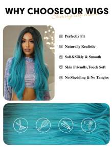 Blaue Farbverlauf Langwellen Synthetik Perücke für Damen Cosplay Perücke, Wellenförmige natürliche Haarstruktur Perücke, Widerstandsfähig gegen Hitze für Weihnachtsparty