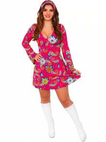 I LOVE FANCY DRESS Ladies Hippie Disco Costume Gogo Dress And Headscarf Floral Pattern Two Piece Set 60s 70s Fancy Dress - Pink - View 1