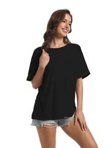 Women Oversized T-Shirt Loose Fit Workout Tops Short Sleeve Gym Basic Tee Shirt - 黑色 - 查看 3