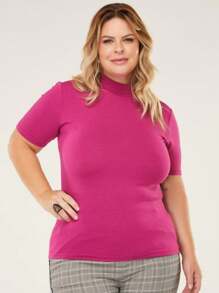 Women's Basic V-Neck Blouse Plus Size Short Sleeve, Casual, T-Shirt, One Size Fits Between 48 And 54, Smooth Viscolycra Fabric, Simple, Versatile, Affordable, Comfortable, Large Size, Special, Daily Use, Warmth, Fresh, Light, Elegant, Summer - Màu Hoa hồng đỏ - Xem 2