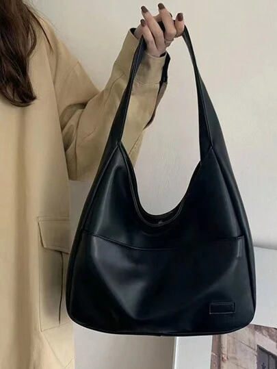 Túi đeo vai nữ dung tích lớn mới mùa xuân/hè 2025 Túi tote da PU Túi xách quai rộng cho sinh viên đại học, văn phòng, đi làm, màu đen trơn, thời trang