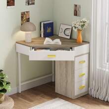 LITTLE TREE Triangle Computer Desk With 3 Drawers, Small Corner Desk With Reversible Storage, Writing Desk PC Table Makeup Vanity Desk For Home Office, Living Room, Bedroom - Cây sồi trắng - Xem 3